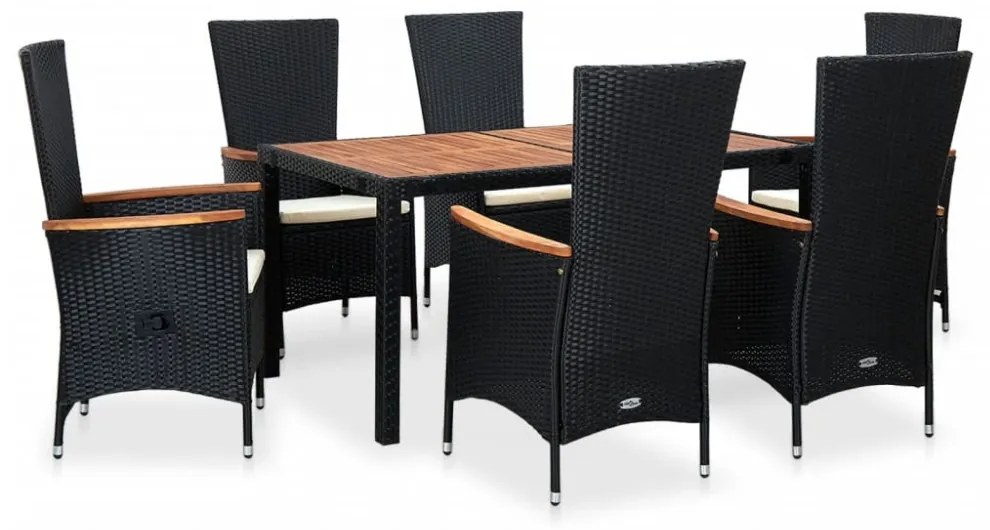 7 részes fekete kültéri polyrattan és akácfa étkezőszett