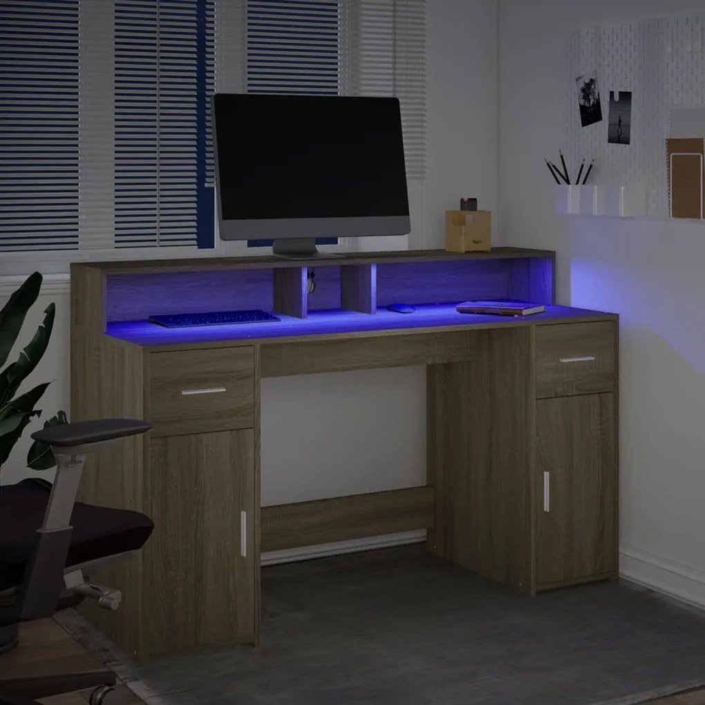 sonoma tölgy színű szerelt fa íróasztal LED-ekkel 140x55x91 cm