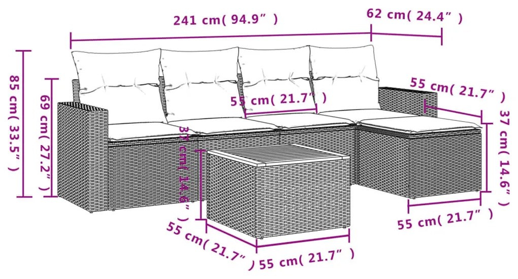 6 részes fekete polyrattan kerti ülőgarnitúra párnákkal