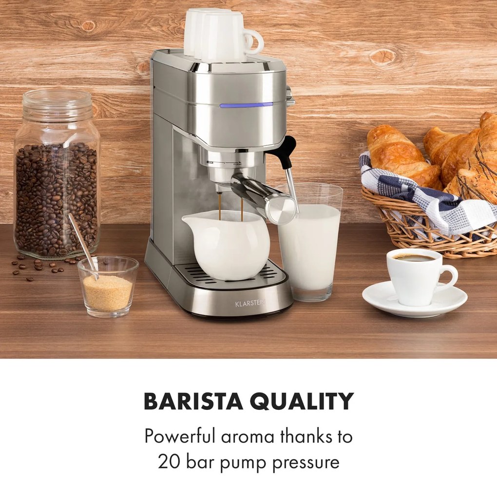 Klarstein Futura, eszpresszógép, 1450 W, 20 bar, 1,25 l, rozsdamentes acél