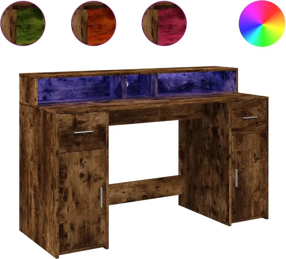 vidaXL füstös tölgy színű szerelt fa íróasztal LED-ekkel 140x55x91 cm