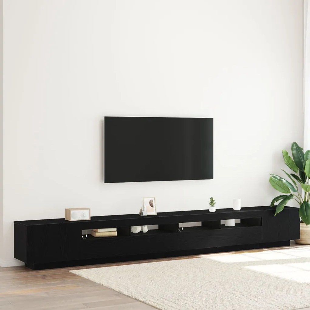 TV állvány LED világítással, fekete tölgyből, 300x35x40 cm, mérnöki fa