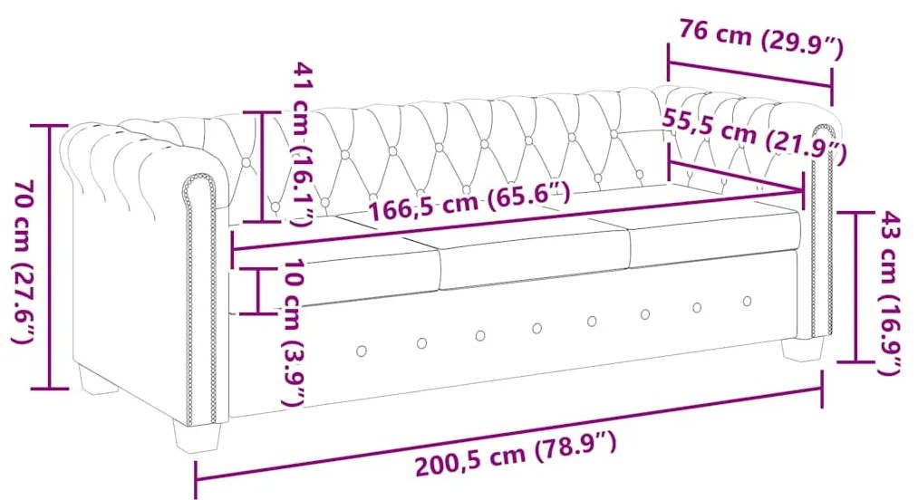 3 személyes fekete műbőr Chesterfield kanapé