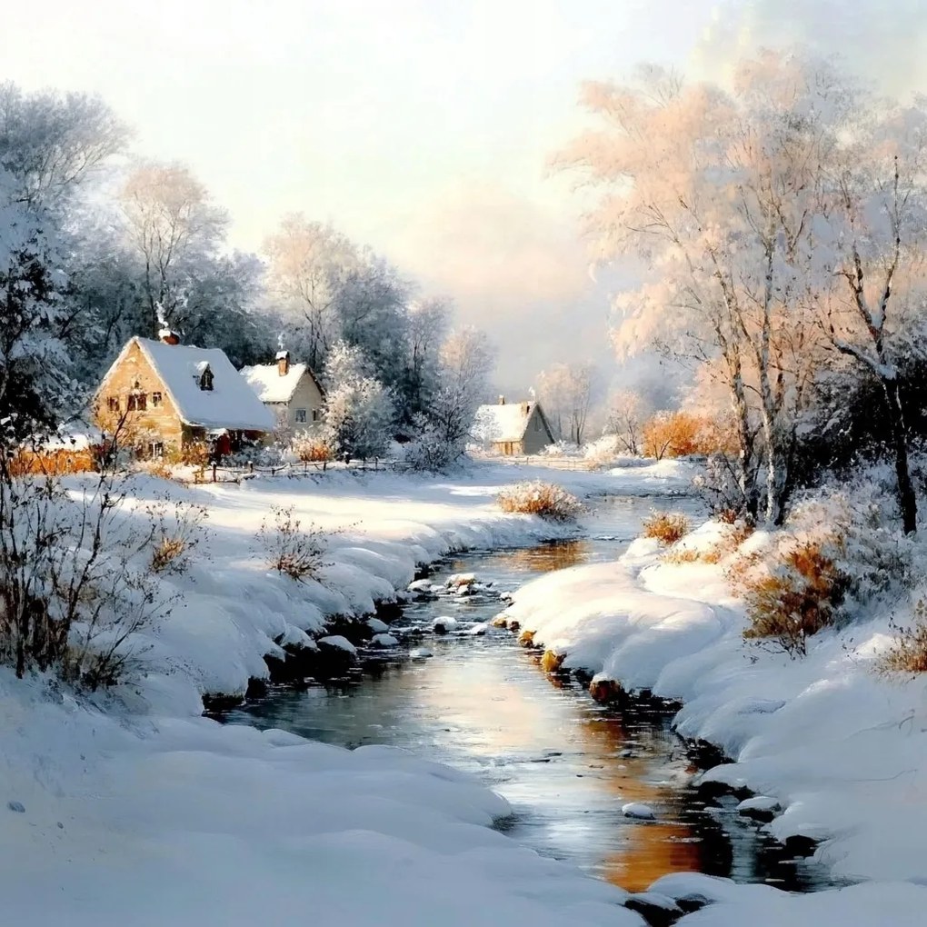 Vászonkép Canvas Tájkép Tél Hó Falu Folyó Patak 40x40