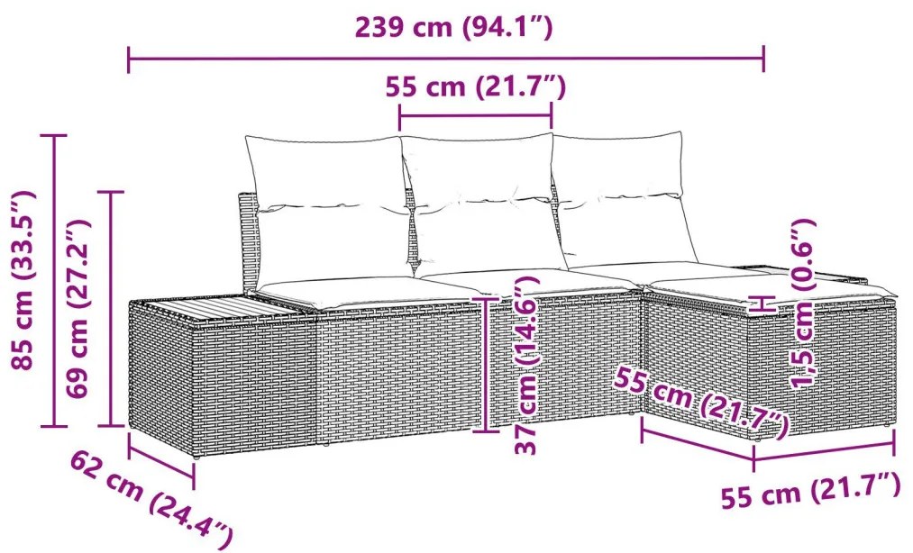 4 részes kerti kanapé szett párnákkal Bézs Poli Rattan Akácia