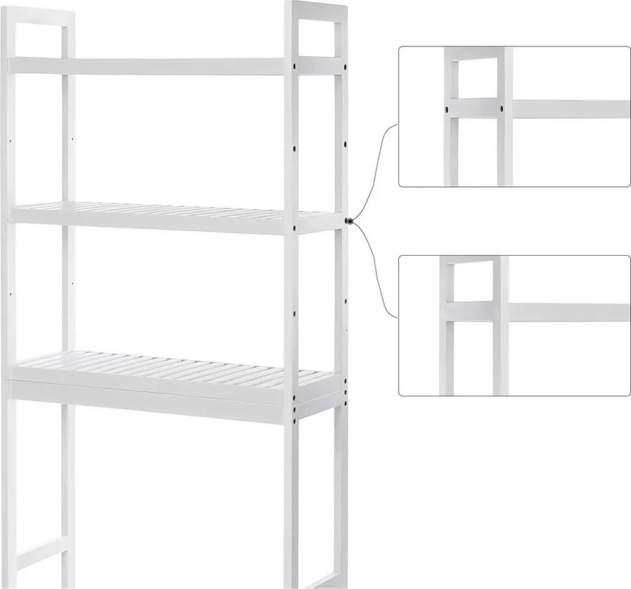 WC-polc, 3 szintes bambusz fürdőszobai polc,, 63 x 163 x 26 cm, fehér