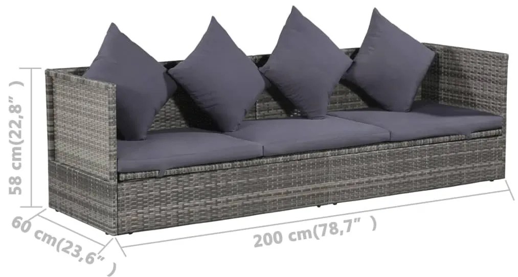 Szürke polyrattan kerti ágy 200 x 60 cm