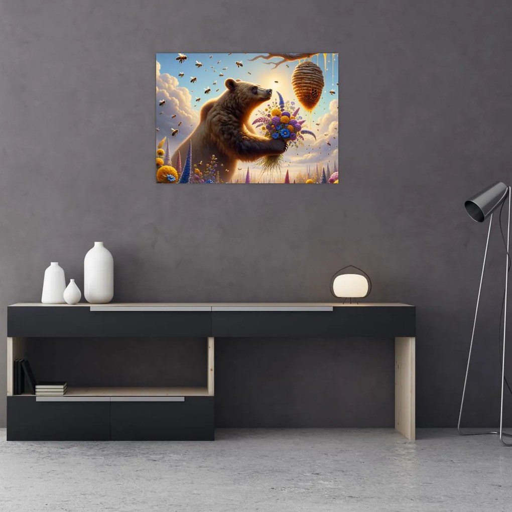 Üveg kép - Medve és méhek (70x50 cm)