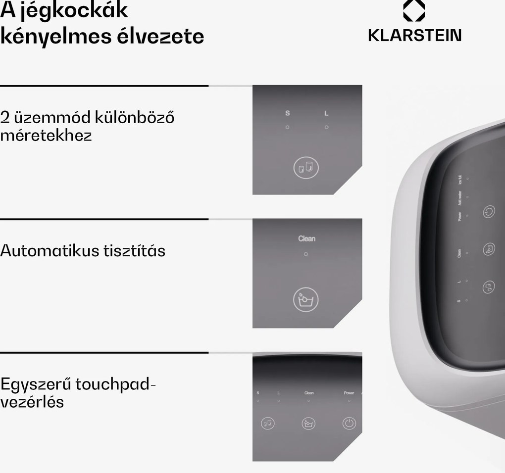 Klarstein SparkIce jégkocka készítő, 2 üzemmód, 1,5 l hideg víz, automatikus tisztítás, 15 kg/24 óra