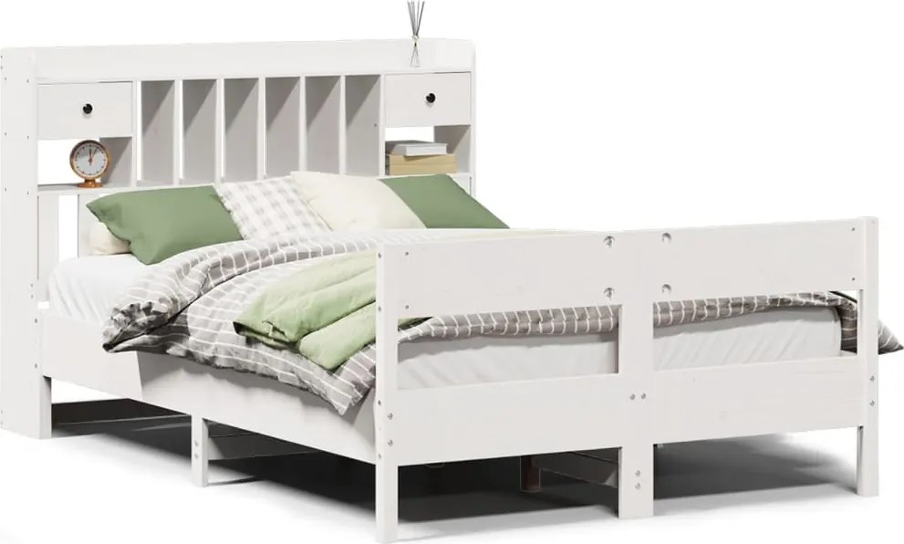 vidaXL fehér tömör fenyőfa könyvespolcos ágy matrac nélkül 150x200 cm