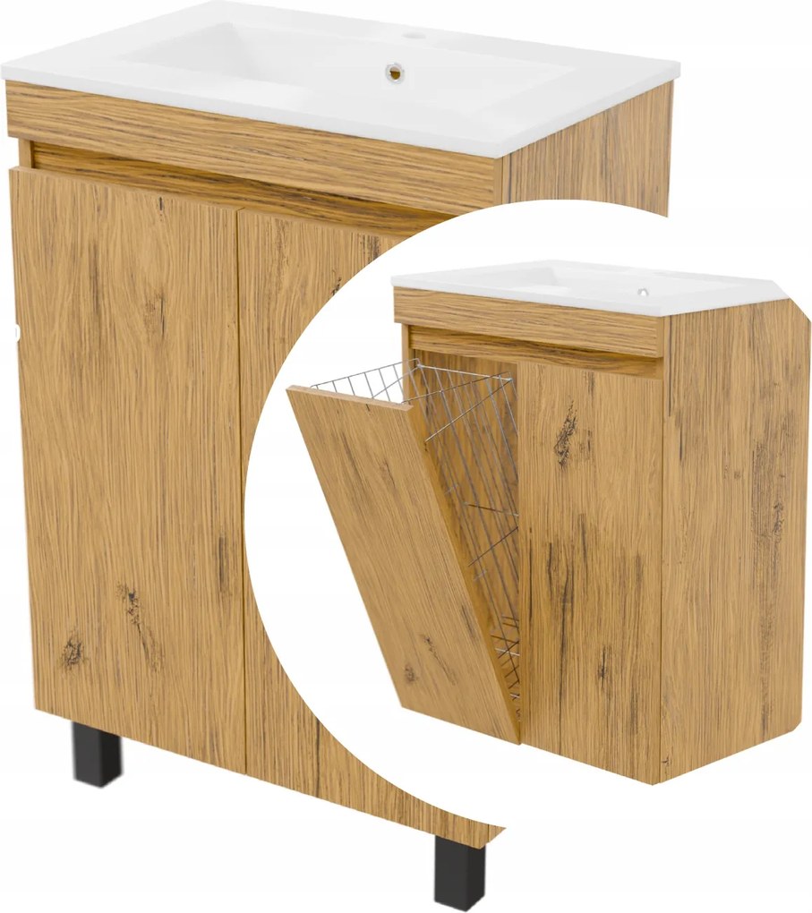 Mosdó alatti szekrény szennyestartó kosárral és fürdőszobai mosdóval Ribera 60 tölgy