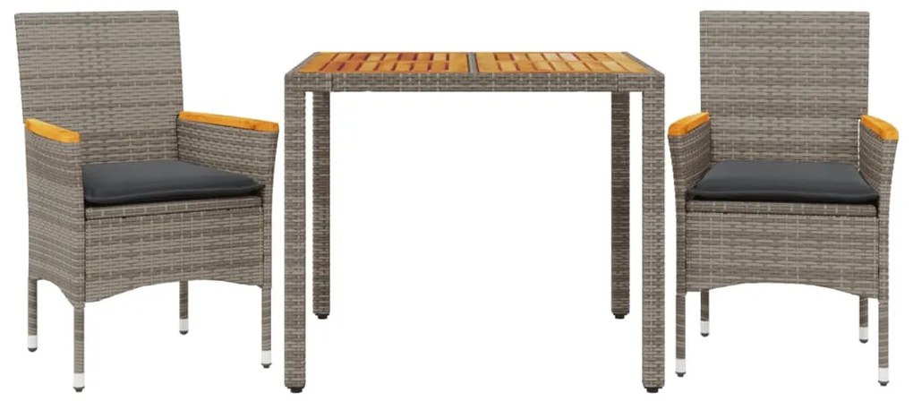 3részes szürke polyrattan/akácfa kerti étkezőgarnitúra párnával
