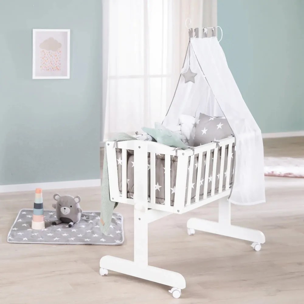 Fehér gurulós bölcső baldachinnal 40x90 cm Little stars – Roba