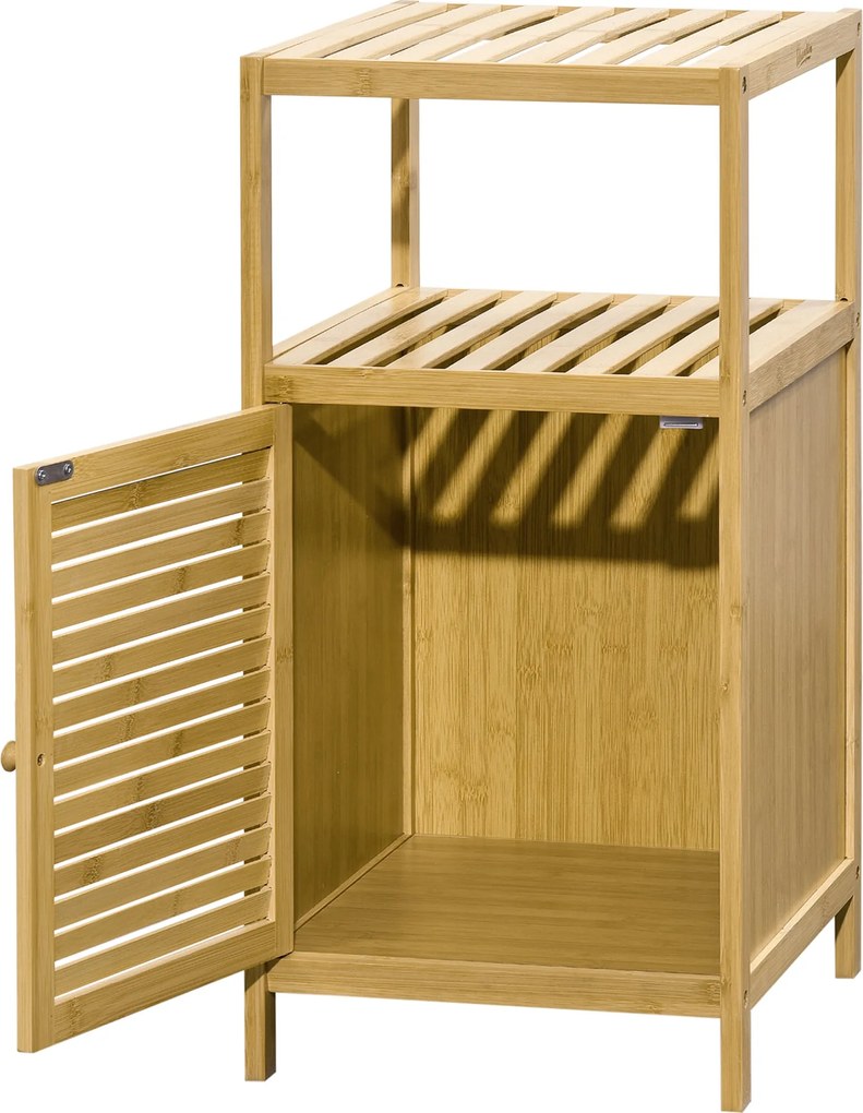 kleankin Fürdőszobai Szekrény Nyitott Rekesszel, Oldalszekrény Antitippcsatornával, Tárolószekrény Fürdőszobába, Bambusz, Természetes, 33 x 35,5 x 67