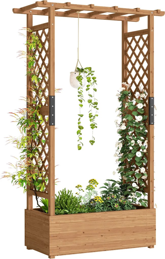 Outsunny emelt ágyás rácsos tetővel és akasztópolccal — fa virágláda mászótámasszal és vízelvezetéssel, 110 × 44 × 181 cm | Aosom