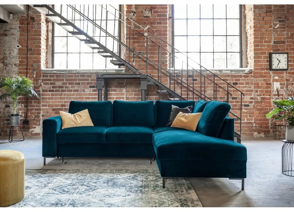 Türkiz bársony kinyitható sarokkanapé (jobb oldali) Lofty Lilly – Miuform