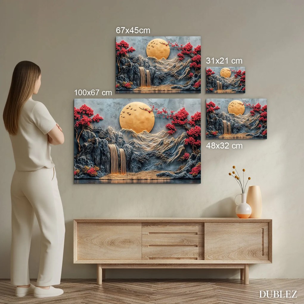 DUBLEZ | Fából készült kép - Arany hold a vízesés felett