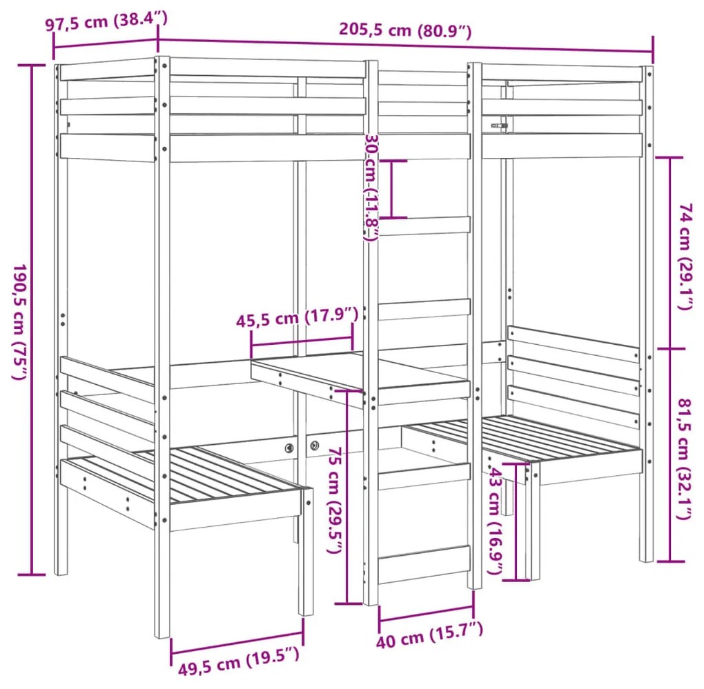 tömör fenyő galériaágy-keret asztallal és székekkel 90 x 200 cm