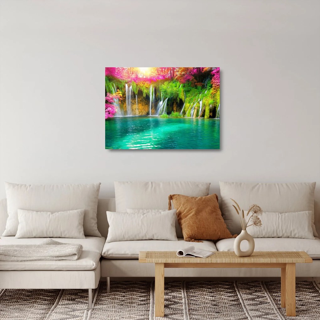 Kép - vízesés, Plitvicei-tavak, Horvátország (üvegen) (70x50 cm)