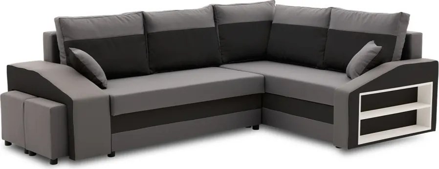Grande sarokkanapé polcokkal és puffokkal , polc a jobb karfaban puffok a bal karfaban, jobboldali, szövet anyag, bonell töltet, szürke - fekete