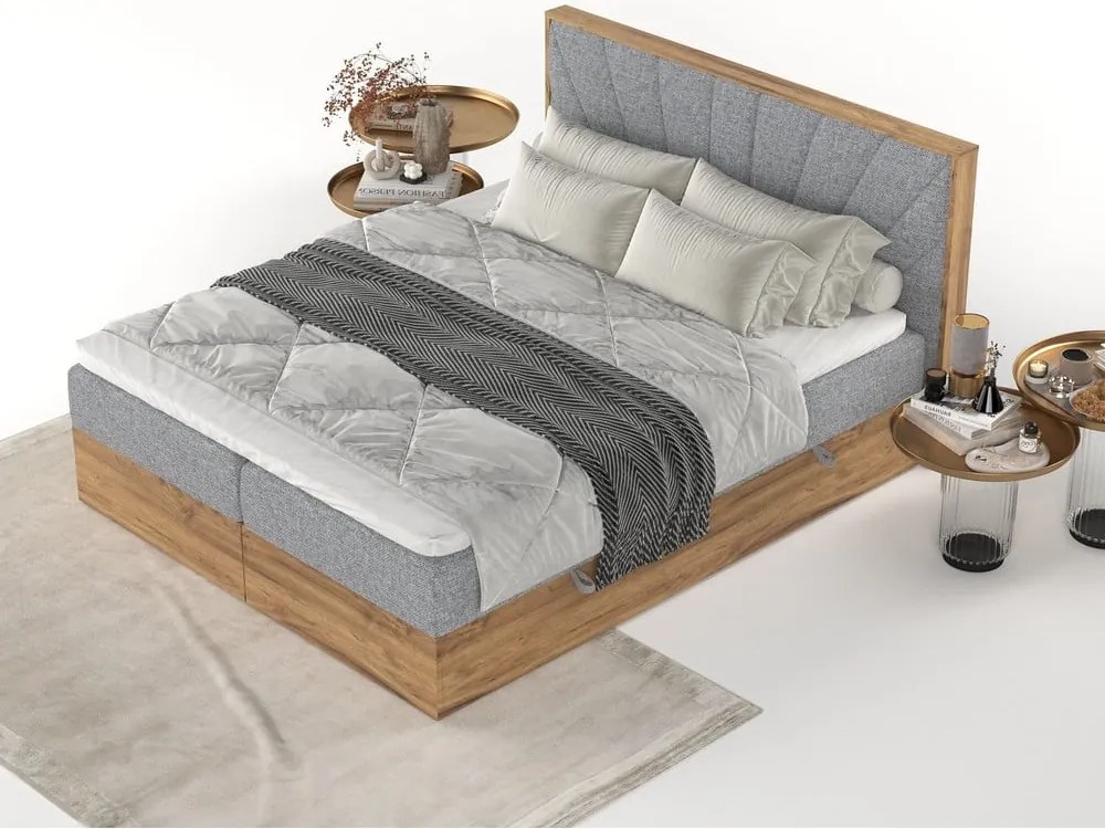 Szürke-natúr színű ágyneműtartós boxspring ágy 200x200 cm Asahi – Maison de Rêve