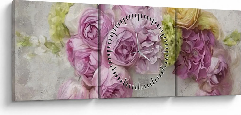 Kép - Virágok a falon pasztell színekben (órával) (90x30 cm)