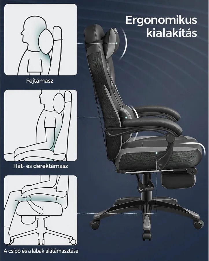 Irodai szék lábtartóval, állítható fejtámla, deréktámasz