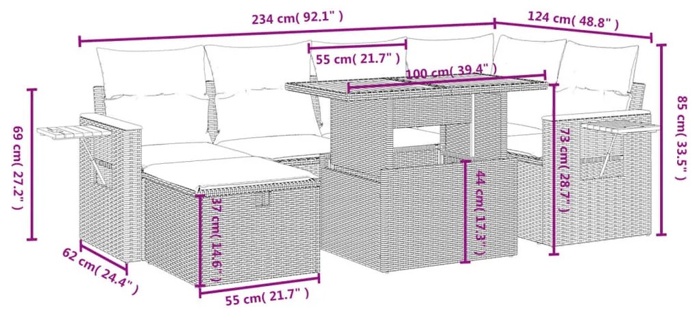 7 részes bézs polyrattan kerti ülőgarnitúra párnákkal