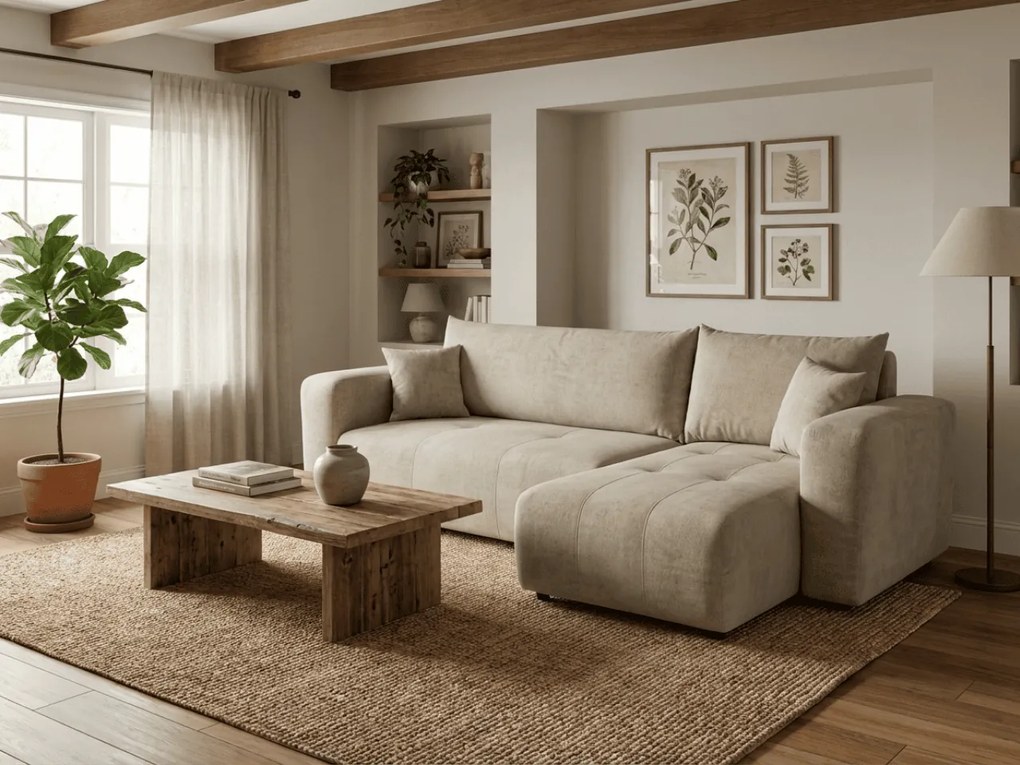 Bézs kihúzható sarokkanapé SORELA, kétoldalas + 2 párna AJÁNDÉK