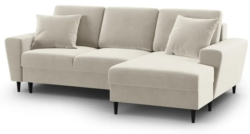 Bézs bársony kinyitható tárolóhelyes sarokkanapé (jobb oldali-heverő résszel) Kyoto – Cosmopolitan Design