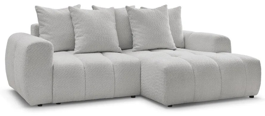 Világosszürke buklé kinyitható-tárolóhelyes sarokkanapé (jobb oldali-heverő résszel) Roxelane – Bobochic Paris