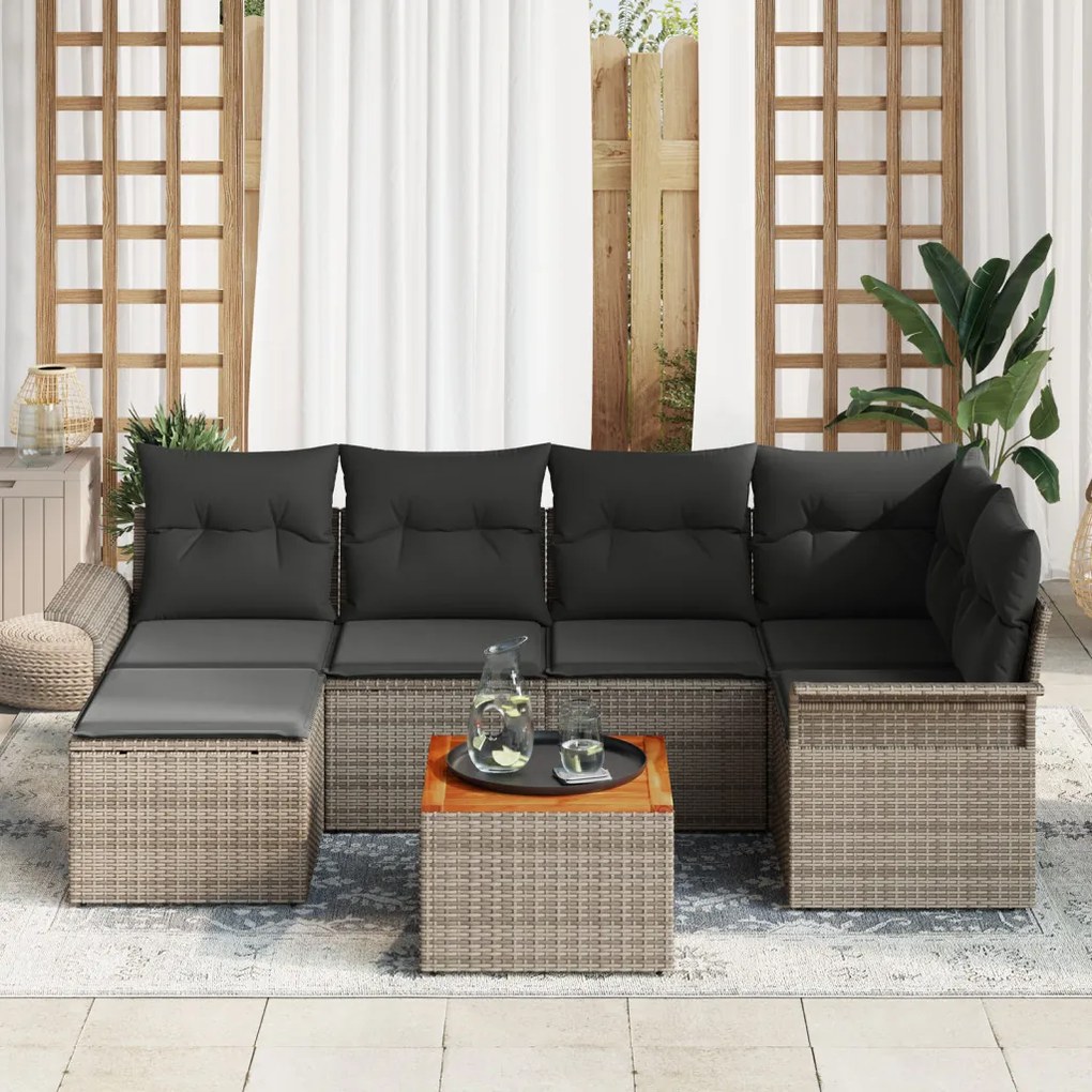 7 Darabos Kerti Kanapészett Párnákkal Szürke Poli Rattan Acacia
