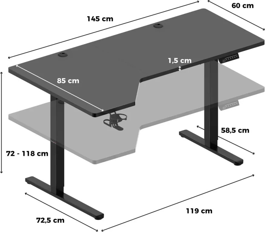 Elektromos állítható magasságú íróasztal, sarokasztal, memória és USB funkcióval, 145 cm x 60 cm, fekete