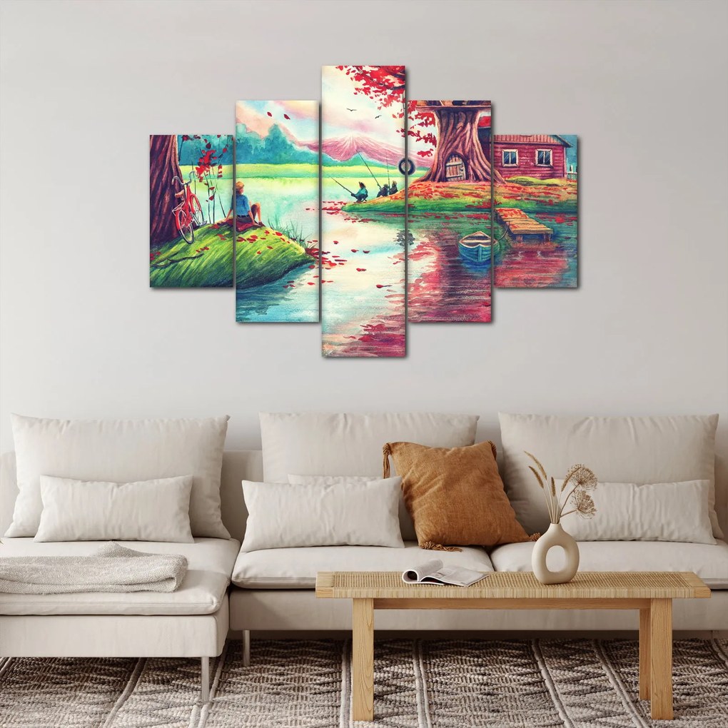 Kép - akvarell, Öböl egy hegyi faluban (150x105 cm)