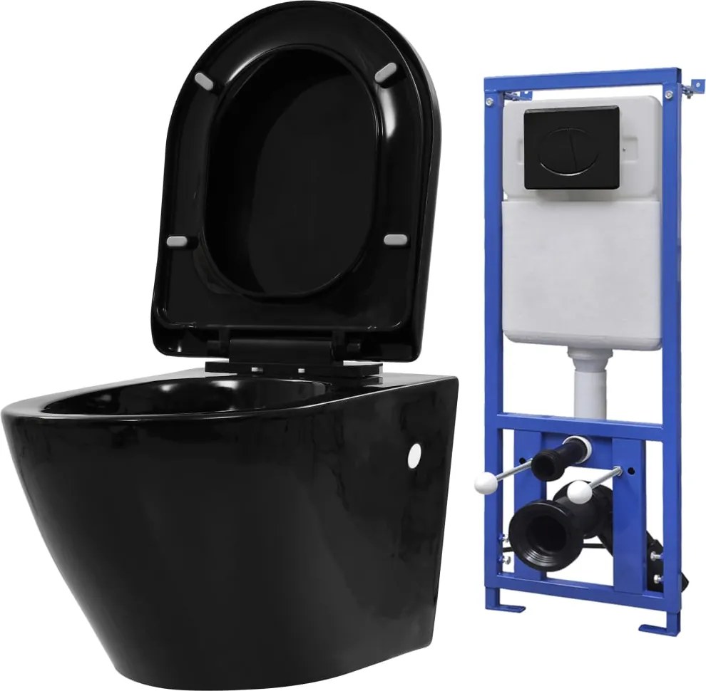 vidaXL fekete falra szerelhető kerámia WC rejtett öblítőtartállyal