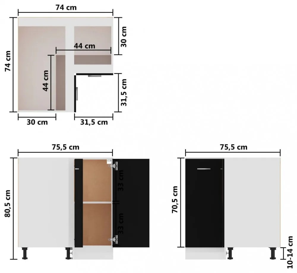 fekete szerelt fa alsó sarokszekrény 75,5 x 75,5 x 81,5 cm