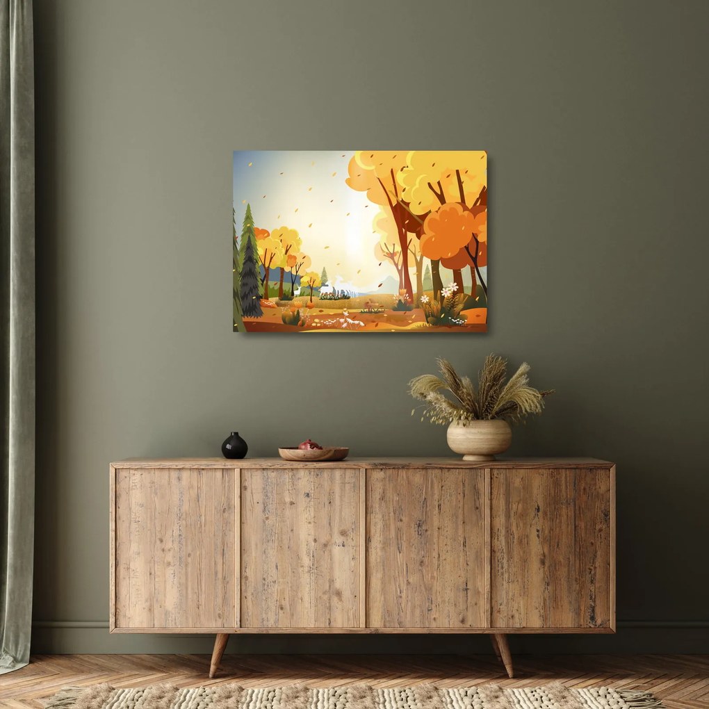 Kép - őszi táj, illusztrációk (üvegen) (70x50 cm)