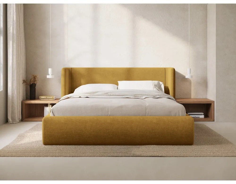 Mustársárga kárpitozott ágyneműtartós franciaágy ágyráccsal 200x200 cm Jason – Windsor & Co Sofas