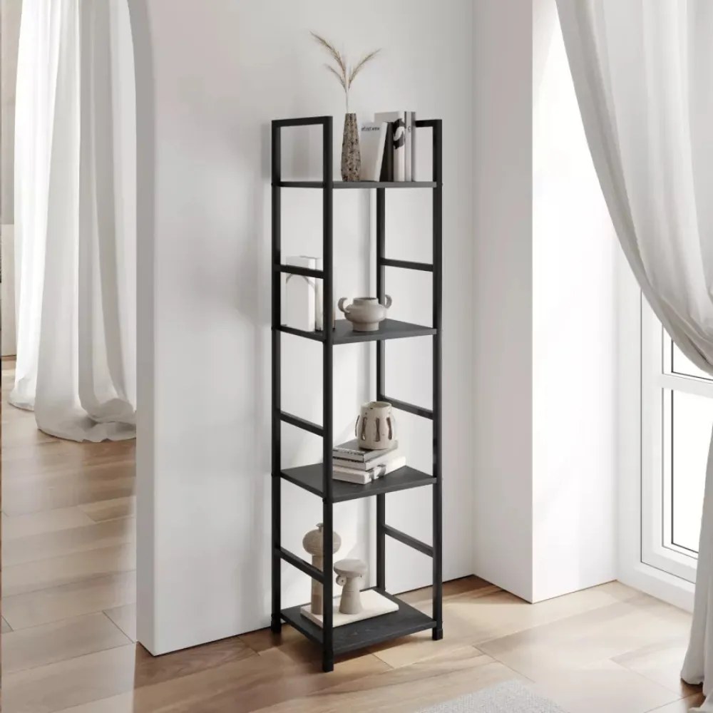 Fekete 4 szintes nyitott könyvespolc, tároló állvány fém lábakkal - 29x112cm Intenso