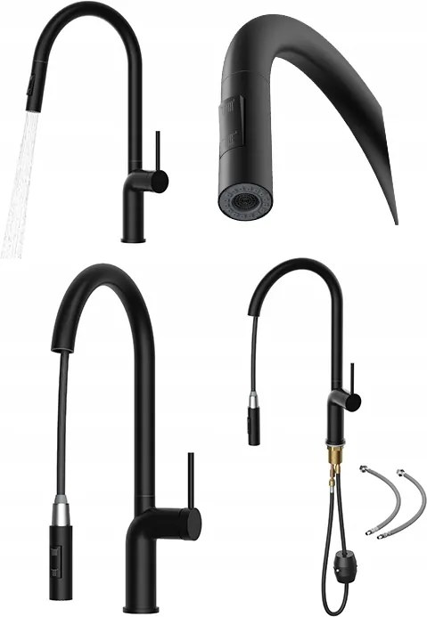 Konyhai csaptelep Oxi fekete, kihúzható kifolyócsővel álló mosogató csaptelep