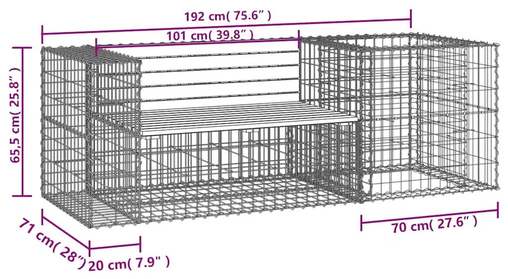 tömör fenyőfa kerti pad gabion kosárral