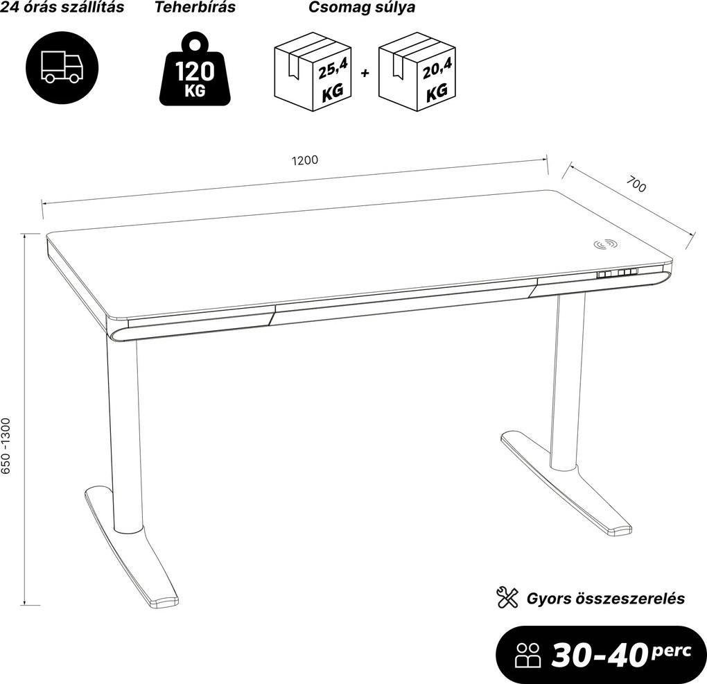 Elektromos ülő-álló íróasztal fiókkal és Qi vezeték nélküli töltővel fehér/aranytölgy, 1200 mm: ELLIS
