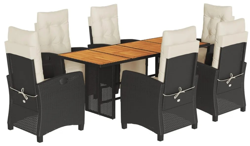 7 részes fekete polyrattan kerti étkezőgarnitúra párnával