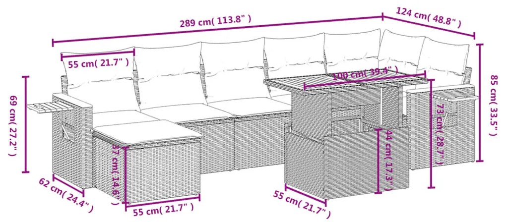 8 részes fekete polyrattan kerti ülőgarnitúra párnákkal