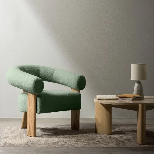 Sötétzöld design fotel KOKEI, tölgy
