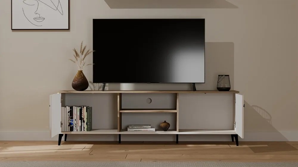 Aldabra RTV POINT 2D TV állvány 183.5x40x12 cm, kasmír, fekete lábakkal, tölgy fedlappal