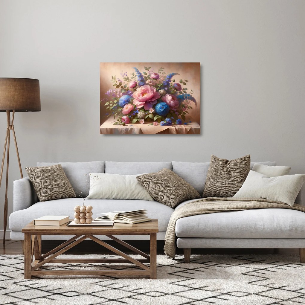 Üveg kép - Asztal tele virágokkal (70x50 cm)
