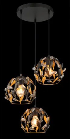 Globo 15759-3HR Függőlámpa, fekete matt fém, aranyszínű fém, fekete patinázott, tiszta akrilkristályok, fekete PVC kábel, ø: 410mm, M: 1500mm, 3x E27 40W 230V izzók nélkül