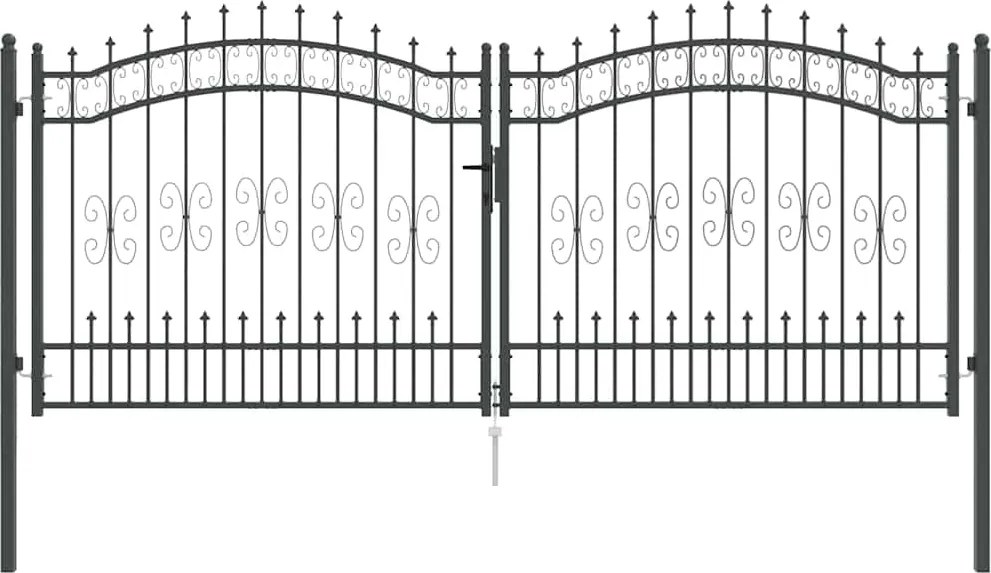 vidaXL Kerítéskapu Lándzsa Tetejével zárral Szürke 305 x 125 cm Acél