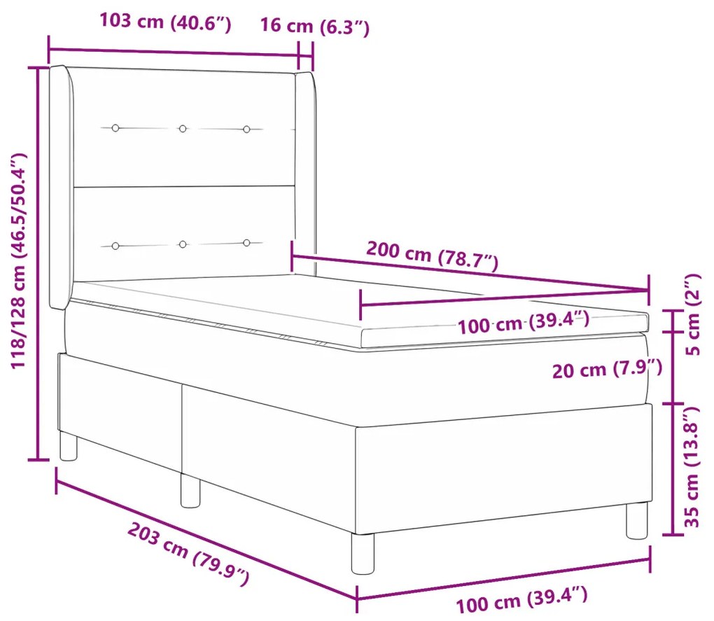 Boxspring Ágy Matraszsal Fekete 100x200 cm Szövet
